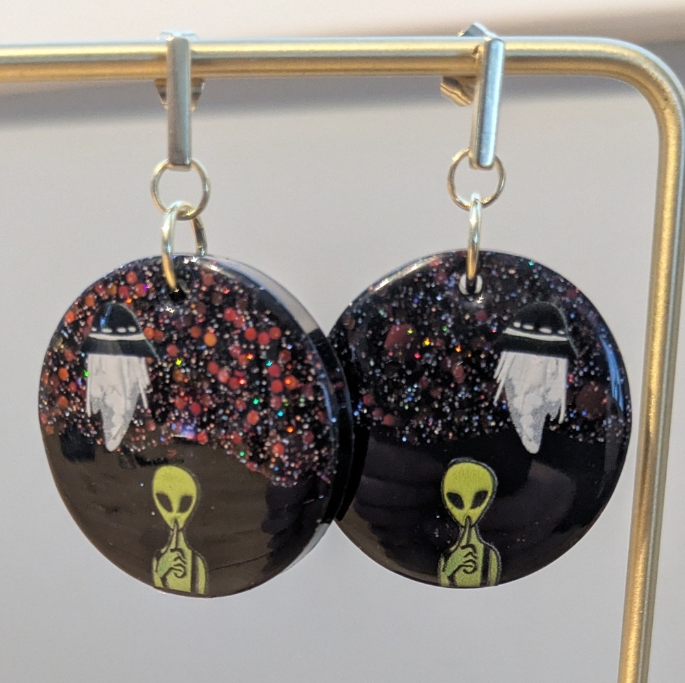 Cosmic Alien Black and Green Earrings